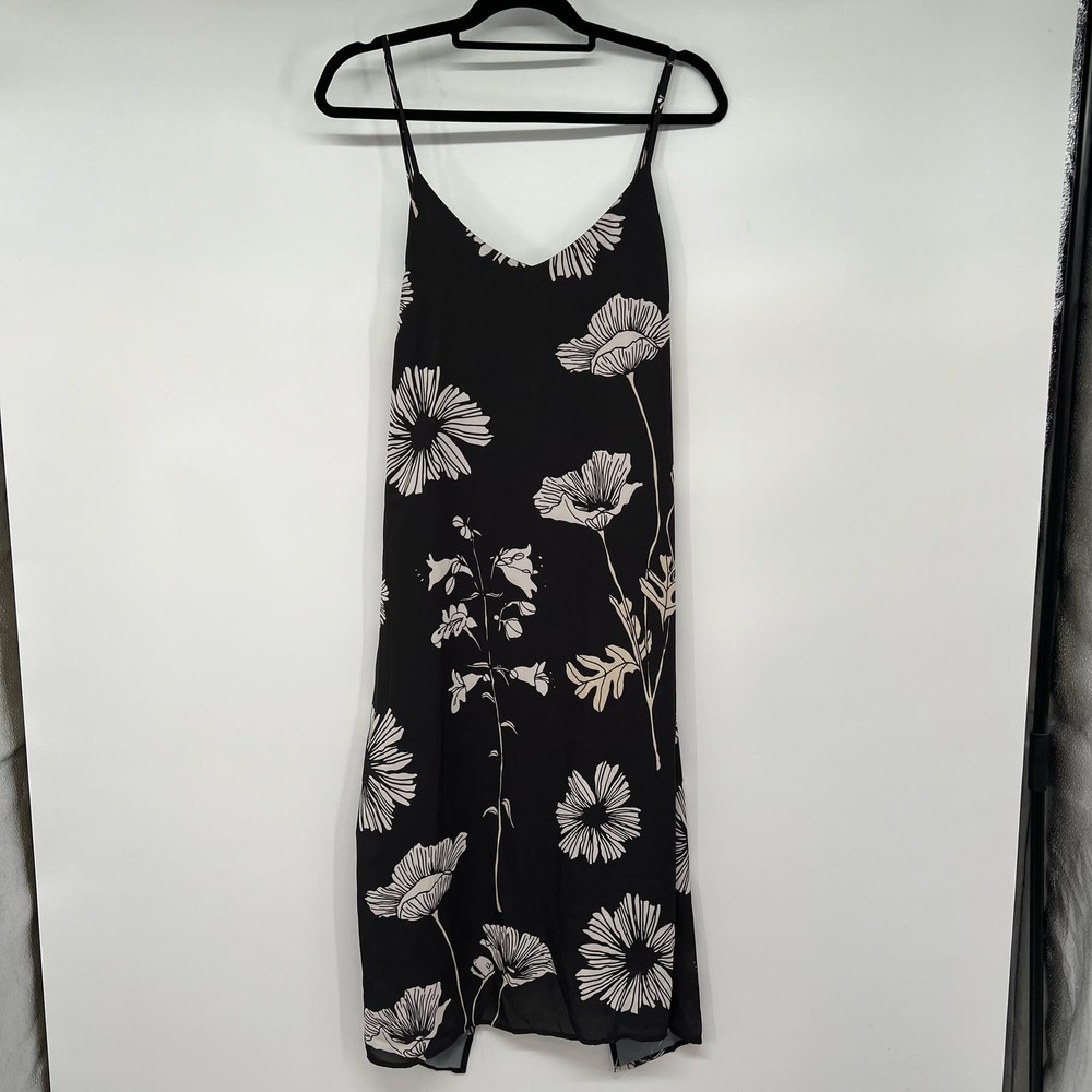 Comune Shafer Dress Women's Size L Black Poppy Print Midi Overlay Tie Back Scoop